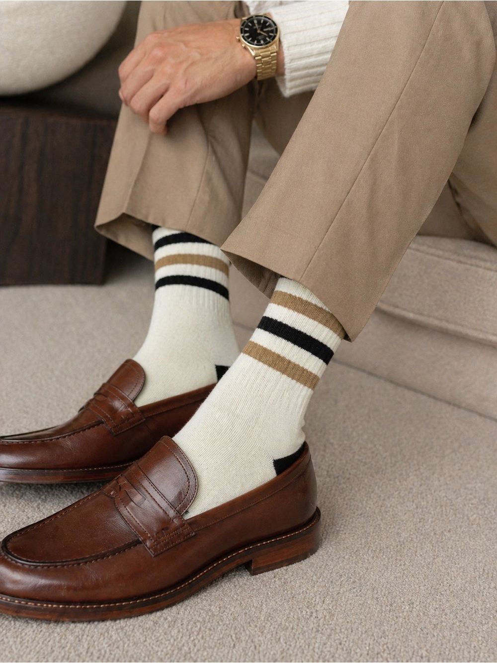 Dior Cream Crew Socks with Black and Tan Stripes
